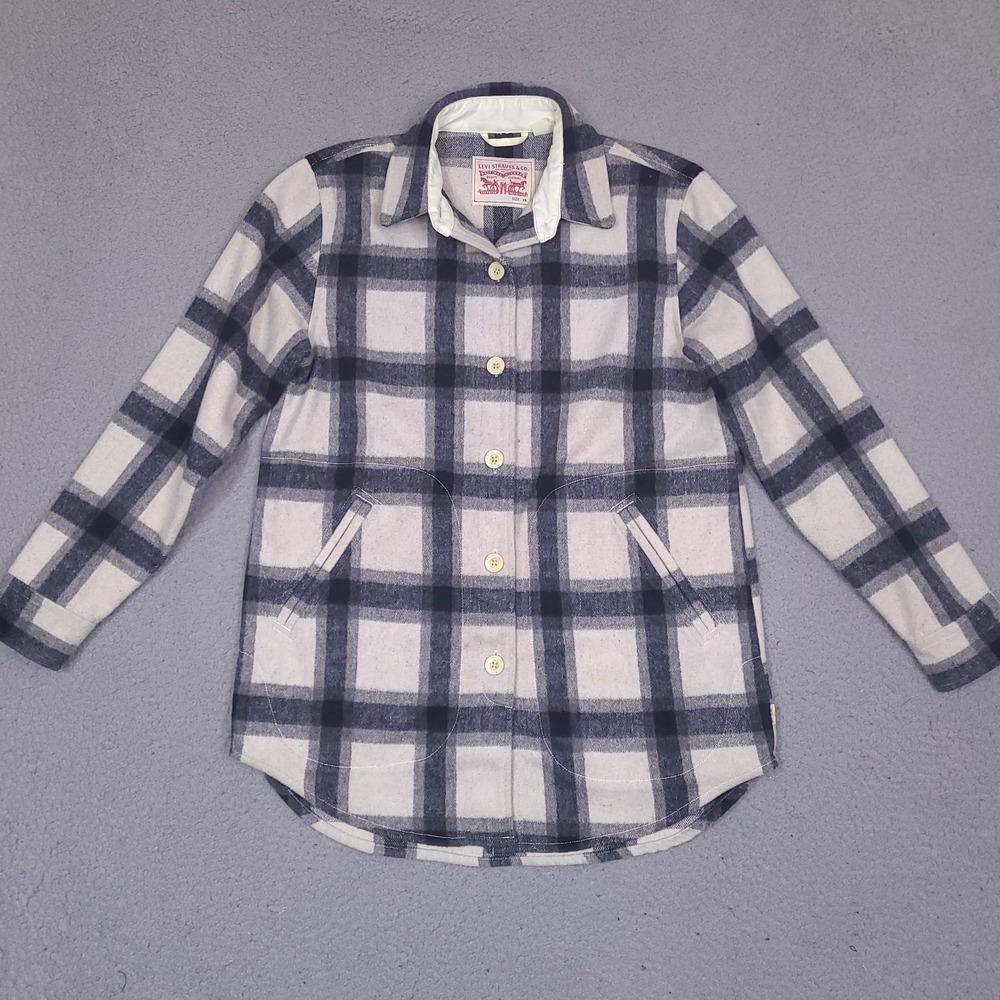 Levi's Flannel Shirt Shacket Womens XS Plaid Jacket Wool‎ Blend Blue Ivory